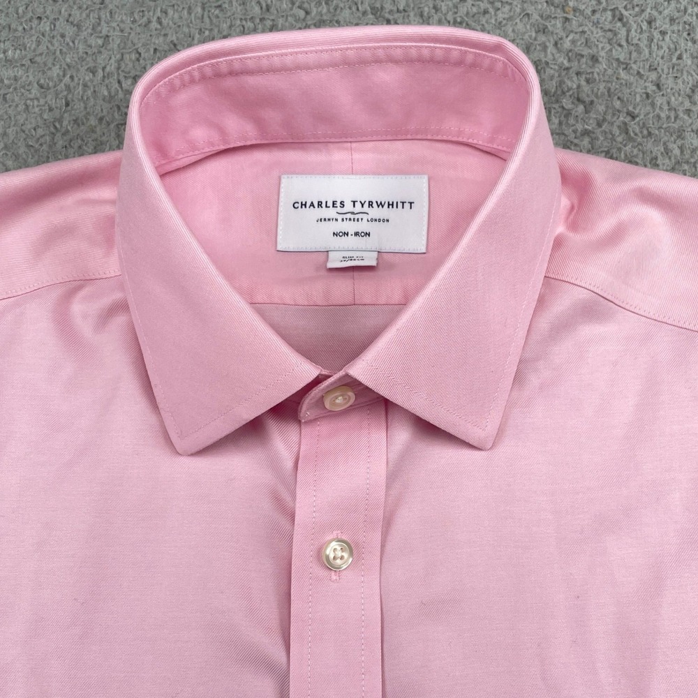 Charles Tyrwhitt Dress Shirt Mens 15.5/34 Pink Slim Fit Non-Iron Cotton Twill